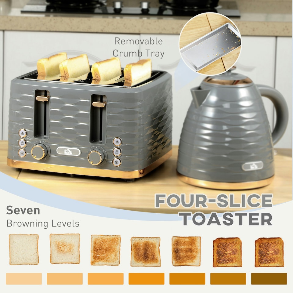 image 1 of HOMCOM Kettle and Toaster Set 1.7L Rapid Boil Kettle & 4 Slice Toaster Grey