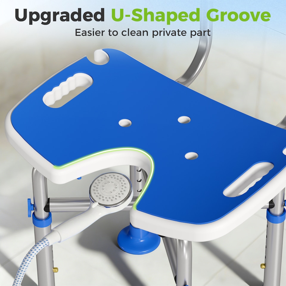 image 1 of HOMCOM Shower Chair with U-Shaped Cutout, Height Adjustable Shower Chair | Blue | Blue and White | 48 x 47.5 x 72-82 cm