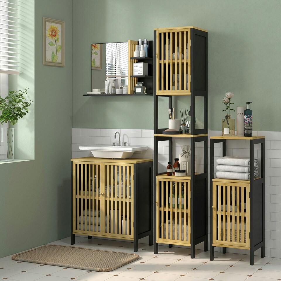 image 1 of HOMCOM Tall Bathroom Cabinet Bamboo Cupboard with Adjustable Shelves, Black
