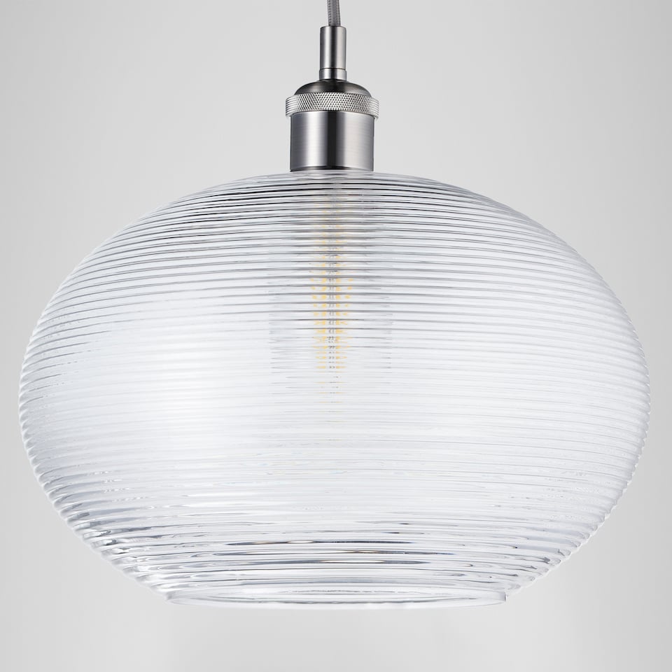 image 1 of Contemporary Clear Ribbed Spiral Glass Easy Fit Drum Shaped Pendant Light Shade | Clear