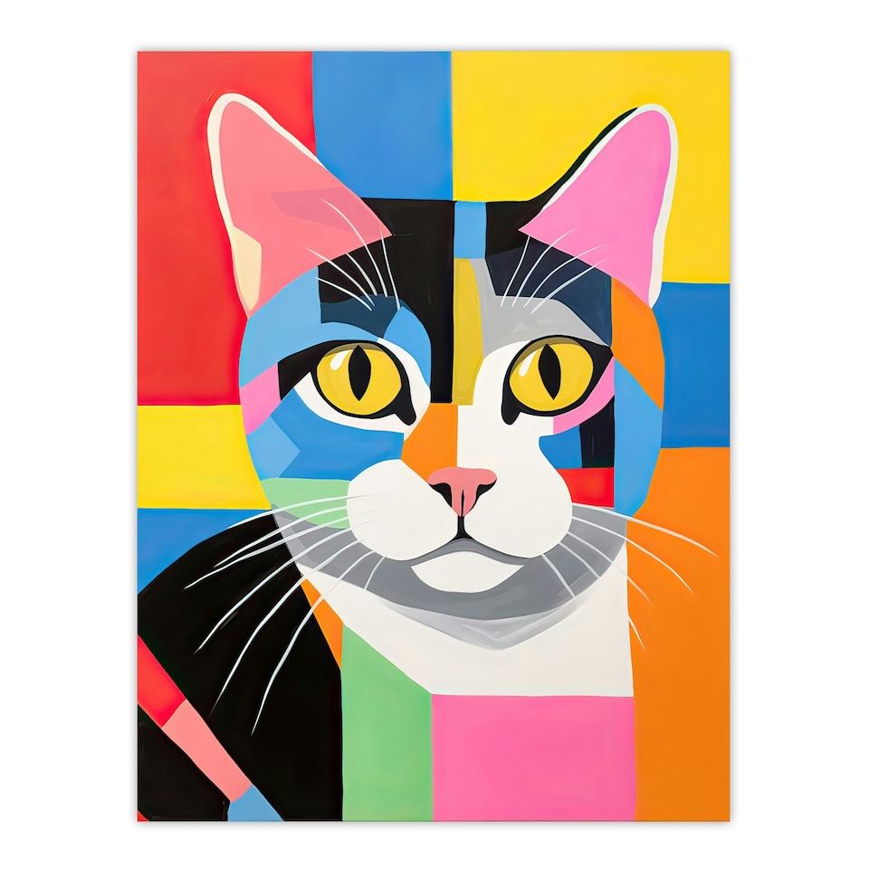 image 1 of Fun Abstract Pop Art Tabby Cat Vibrant Home Decor Black Framed Wall Art Print A4