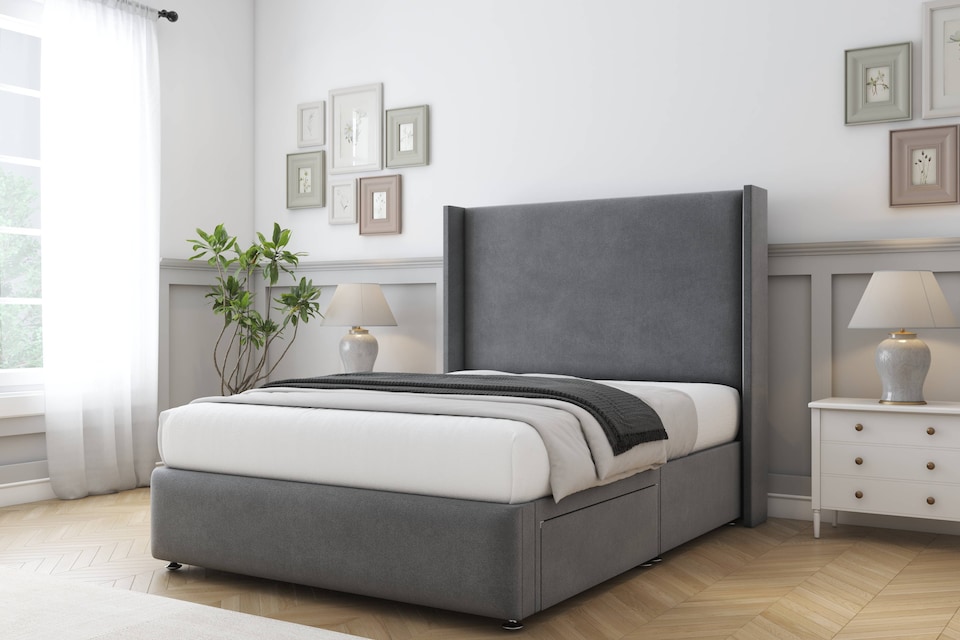 image 1 of Sloomy Stratford Armour Coniston Divan Bed With Mattress 2 Drawers Footend With 54" Wingback Headboard & 12" Matching Footboard 6' Super King | Grey | Armour | Super King | 1
