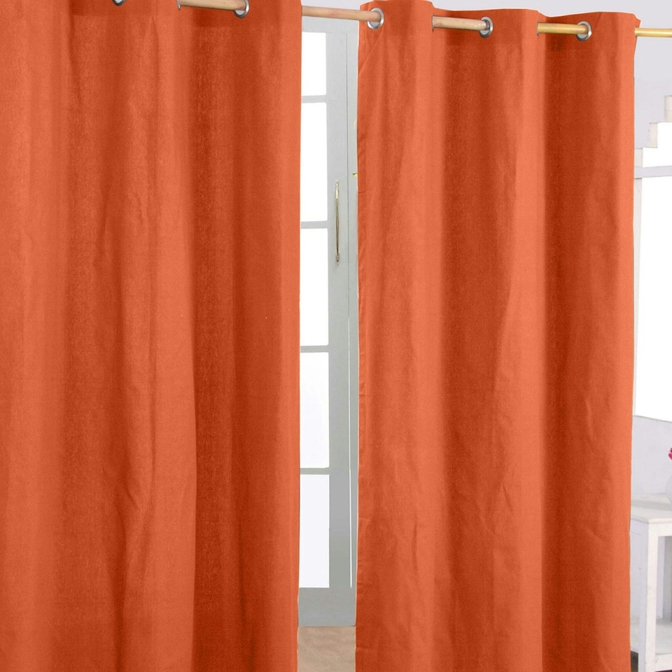 image 1 of Homescapes Cotton Plain Burnt Orange Ready Made Eyelet Curtain Pair - 137 x 228 cm Orange