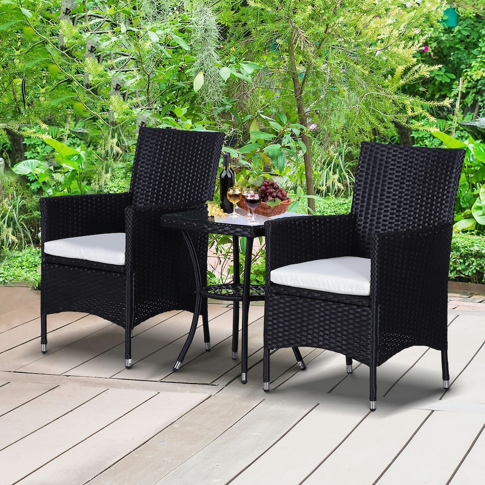 image 1 of Outsunny Rattan Bistro Set Garden Chair Table Patio Outdoor, Black