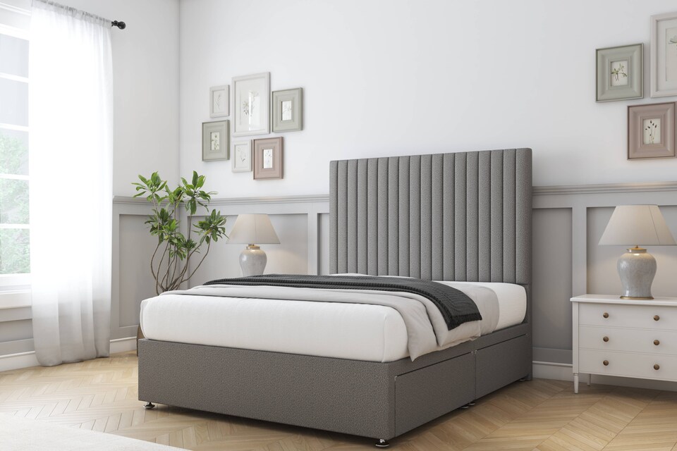 image 1 of Sloomy Manhattan Pewter Dumfries Divan Bed Base No Drawers With 54 Inch Floor Standing Headboard | Grey | Pewter | King | 1