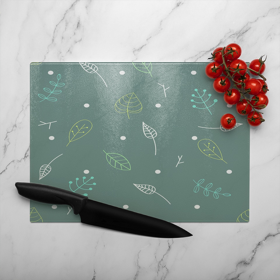 image 1 of Hand Drawn Leaves Glass Chopping Board | Multi