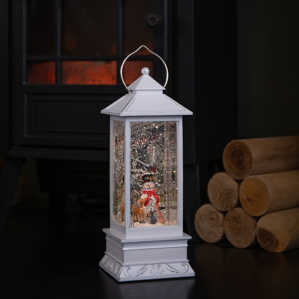 image 1 of 31cm Snowtime Christmas Water Spinner Antique Effect Lantern Snowman & Animals Scene  Dual Powered