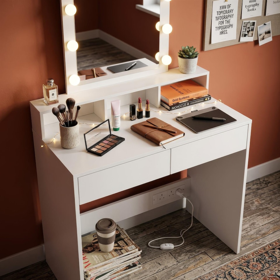 image 1 of Harbour Housewares Wooden Dressing Table with LED Lights - White | White | White