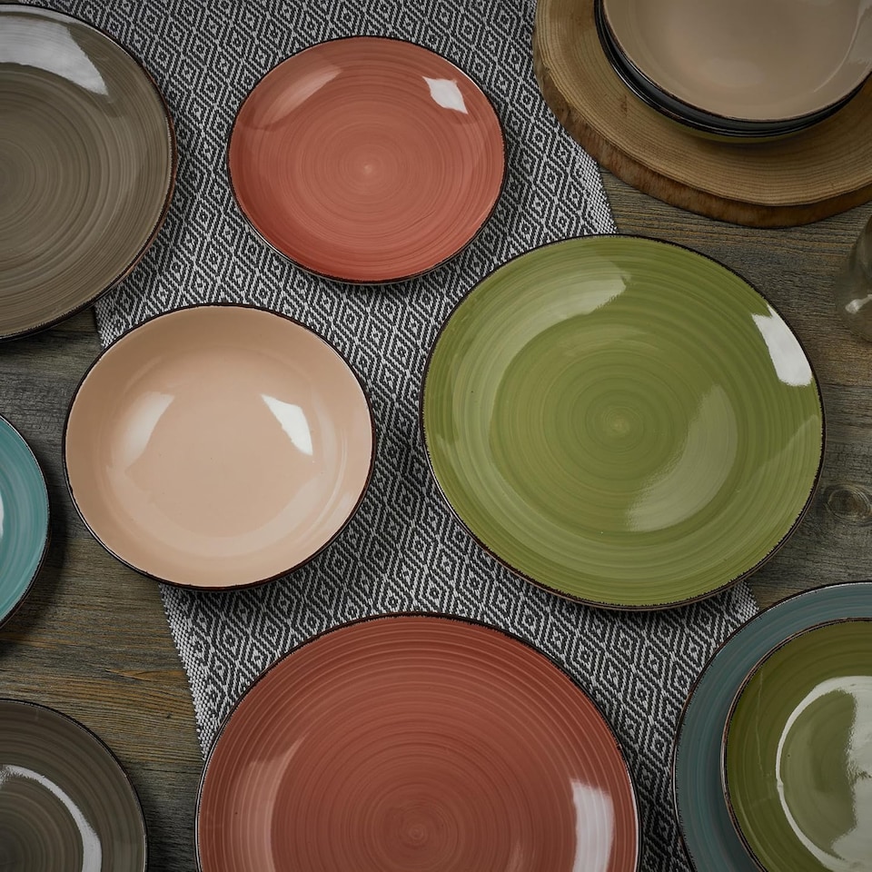 image 1 of Coloured Stone Glazed Ceramic Dinnerware Crockery Plates Bowls Set | Multi | Multicoloured | 2 Sets (24 Pcs) | 24