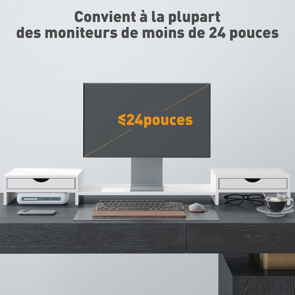 image 1 of HOMCOM Dual Monitor Stand Riser with Adjustable Length and Angle, White