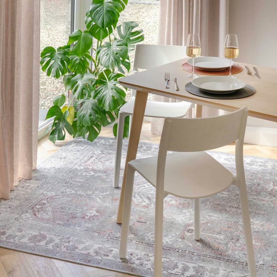 image 1 of KUKOON Greige Distressed Floral Medallion Non Slip Washable Low Pile Rug 80cm x 150cm