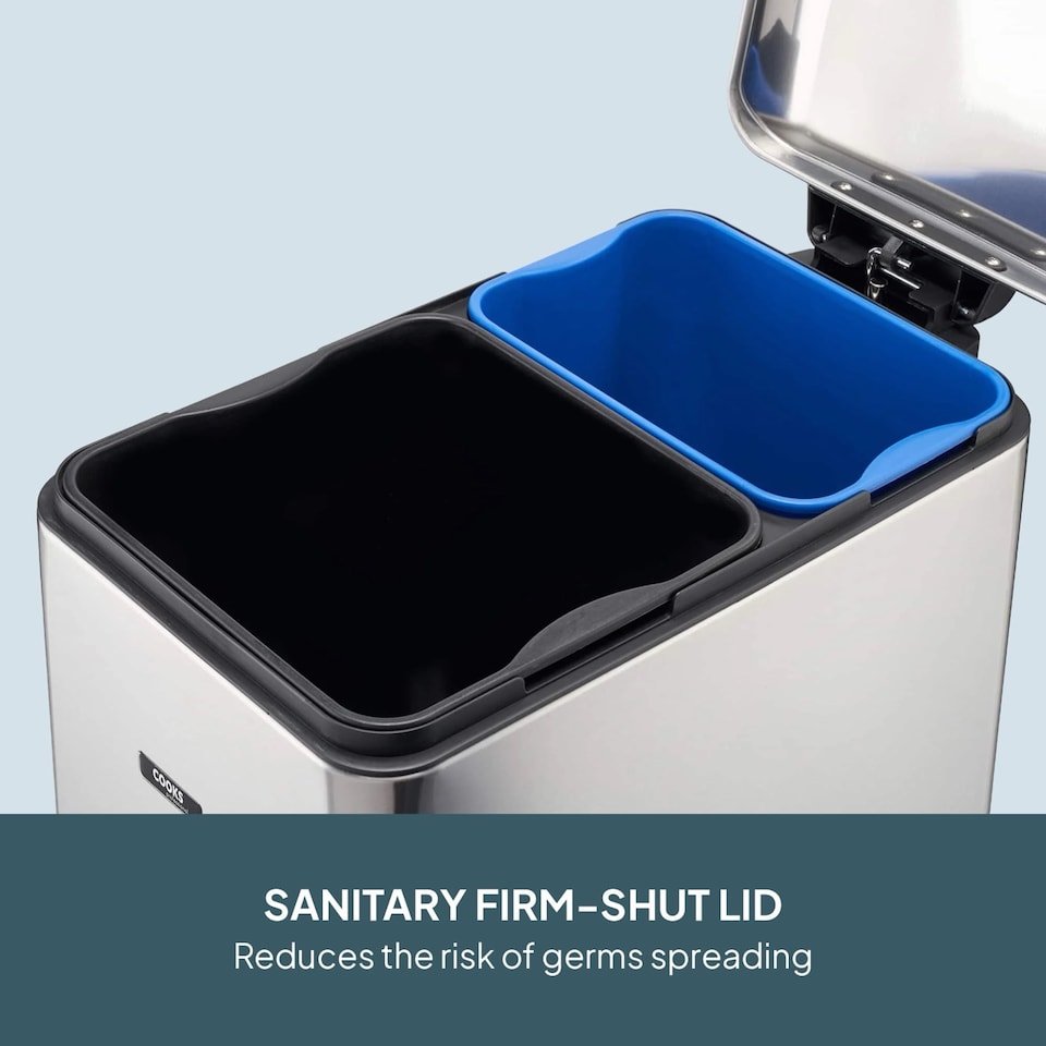 image 1 of Cooks Professional Slimline Dual Recycle Pedal Bin 50L - 2 Compartments & Soft Close Lid | Silver