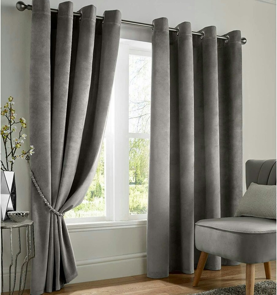 image 1 of Velvet Blackout Eyelet Curtains - Silver 167 cm x 137 cm