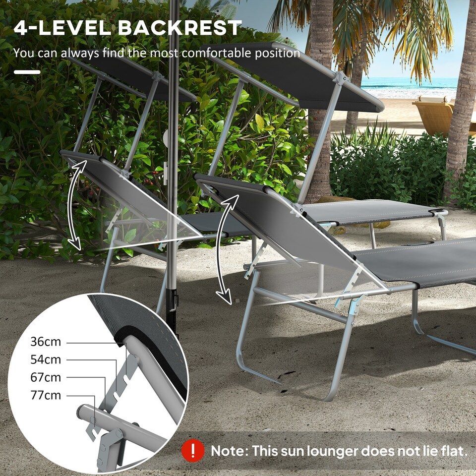 image 1 of Outsunny Folding Sun Lounger Set of 2 w/ Sunshade Adjustable Backrest Grey