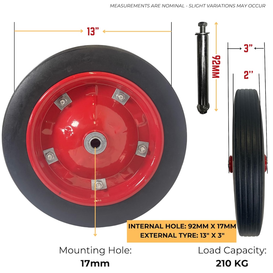image 1 of Replacement 13" x 3" Puncture Proof / Solid Wheelbarrow Wheel With Axle
