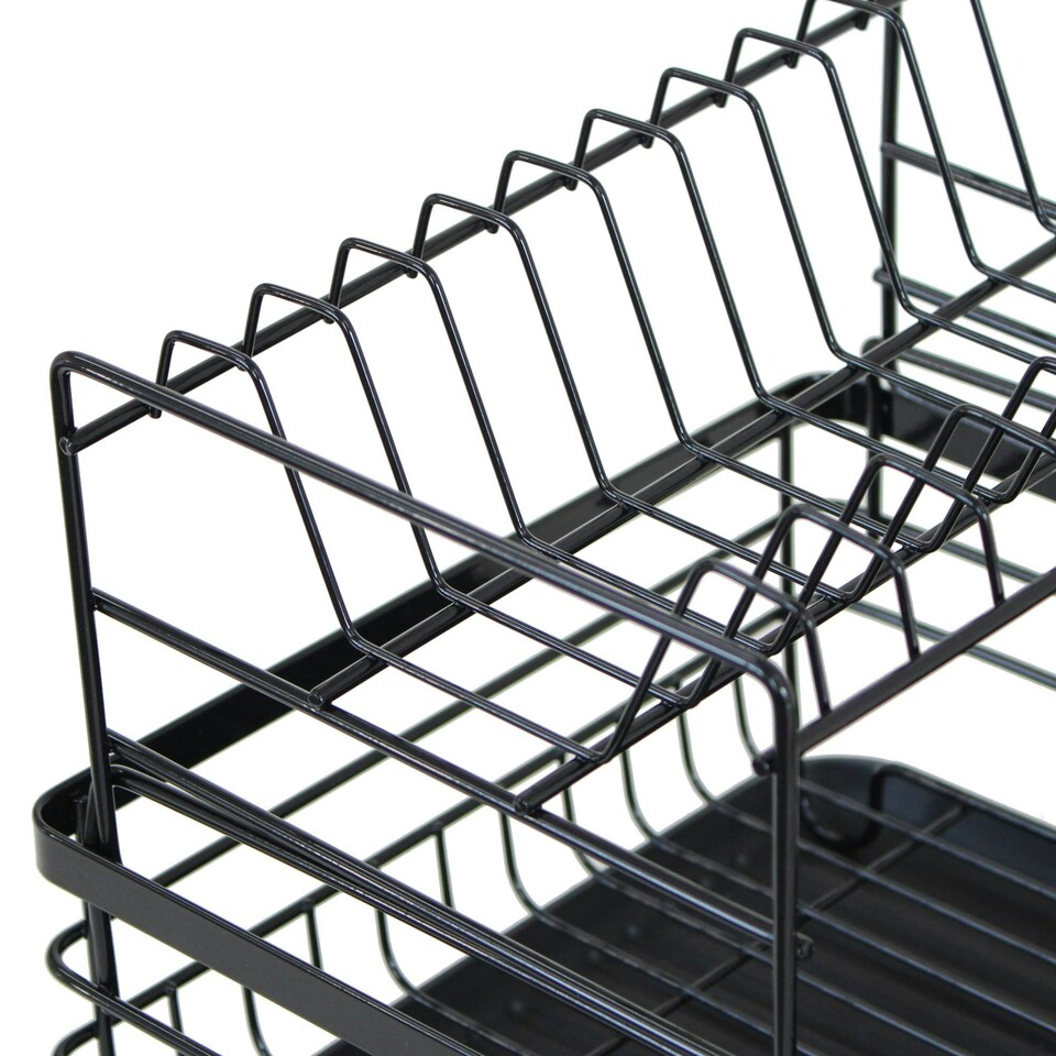 image 1 of Oypla 2 Tier Multifunction Dish Drainer Drying Rack with Cutlery Holder and Removable Tray Black