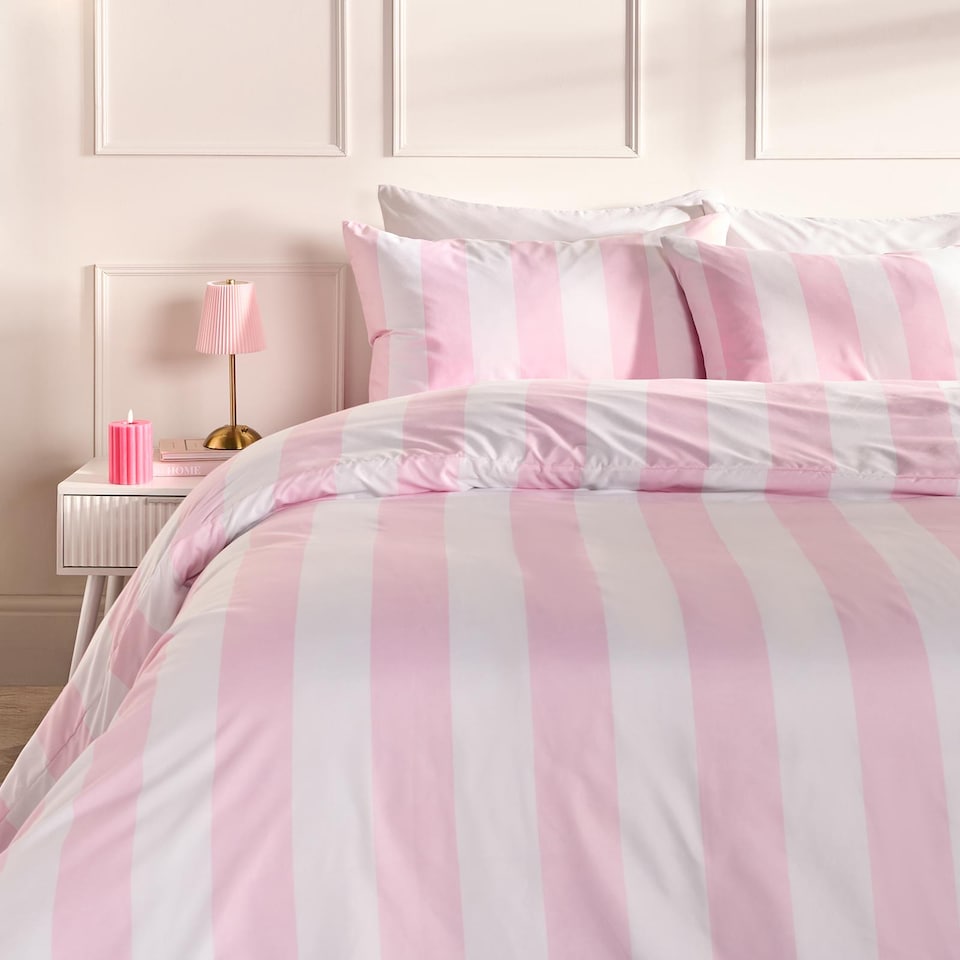 image 1 of OHS Vertical Stripe Microfibre Bedding Duvet Cover Set with Pillowcase | Pink | Pink | Double
