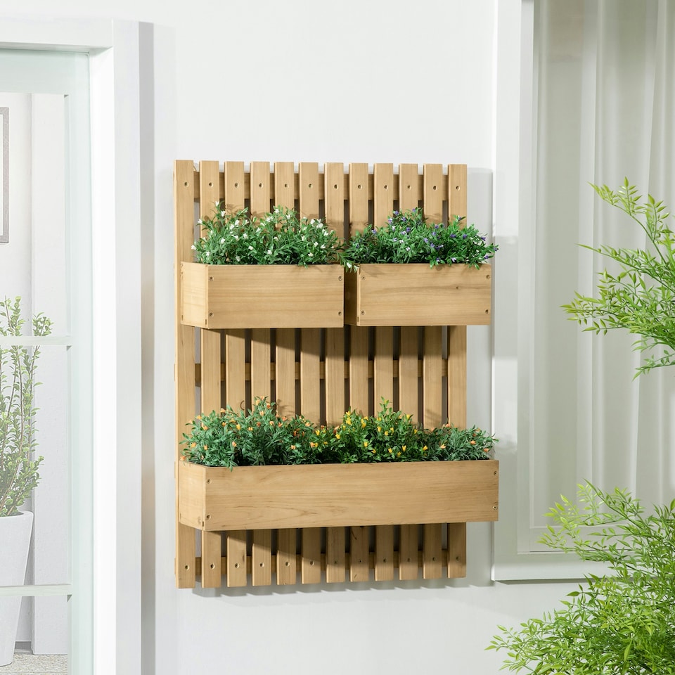 image 1 of Outsunny Wooden Garden Planters with Trellis Wall-mounted Raised Bed