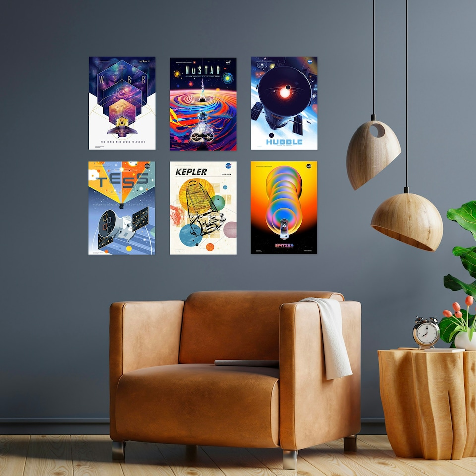 image 1 of Pack of 6 NASA Exoplanet Travel Bureau Telescopes Space Office Study Wall Art Print A4