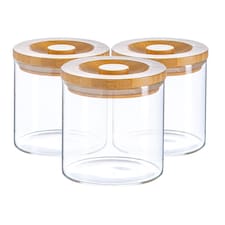 Argon Tableware Glass Storage Jars - Carved Wood Lid - 550ml - Modern Round Scandi Organisation Container Glass Jar - Set of 3