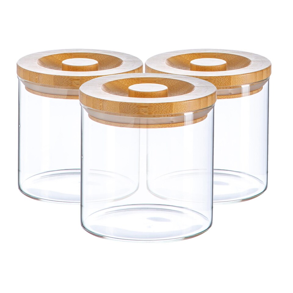 image 1 of Argon Tableware Glass Storage Jars - Carved Wood Lid - 550ml - Modern Round Scandi Organisation Container Glass Jar - Set of 3