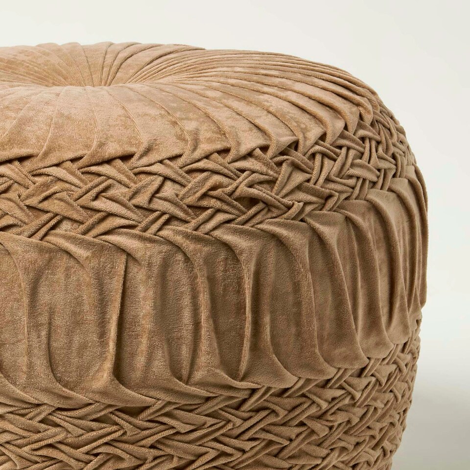 image 1 of Homescapes Sofia Pleated Velvet Taupe Pouffe