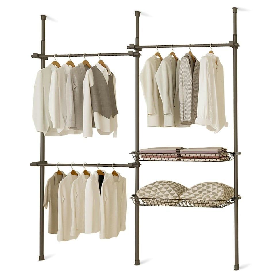 image 1 of Telescopic Wardrobe Organiser Double White Rail Clothes Rack Baskets Storage White | One Size