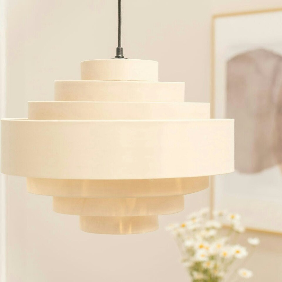 image 1 of ValueLights Sette Fabric Textured Cream Tiered Ceiling Pendant Shade and LED Bulb