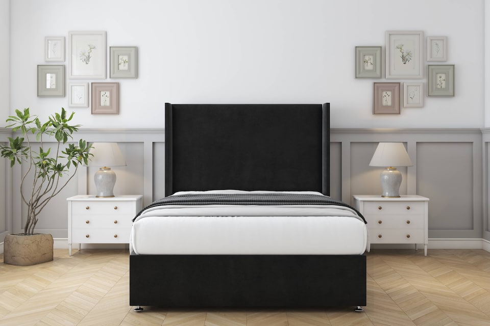 image 1 of Sloomy Devonshire Black Plush Divan Bed With Mattress No Drawers With 54" Wingback Headboard 6' Super King | Black | Black | Super King | 1