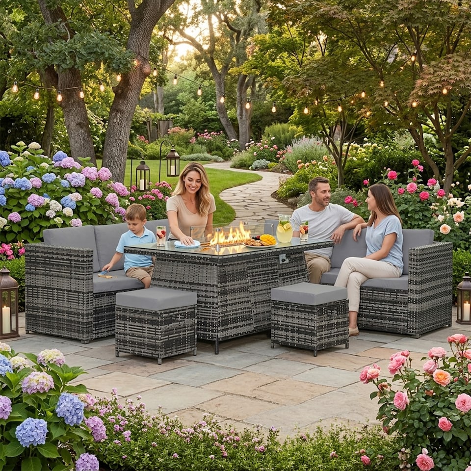 image 1 of Alivio 8-Seater Rattan Garden Furniture Set, Luxury PE Rattan Sofa with Gas Fire Pit Table & Cushions | Grey