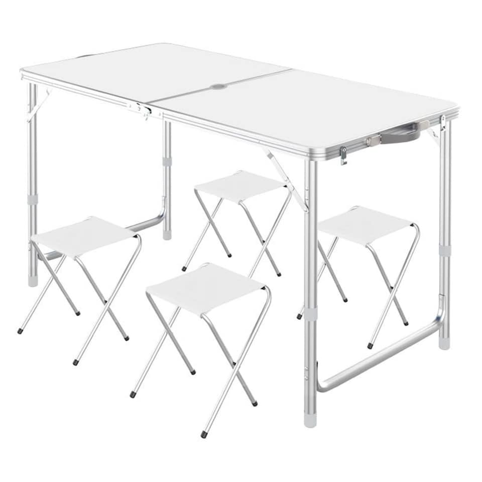 image 1 of 4ft Folding Camping Table and 4 Stools Set - 120cm Adjustable Height Picnic Table