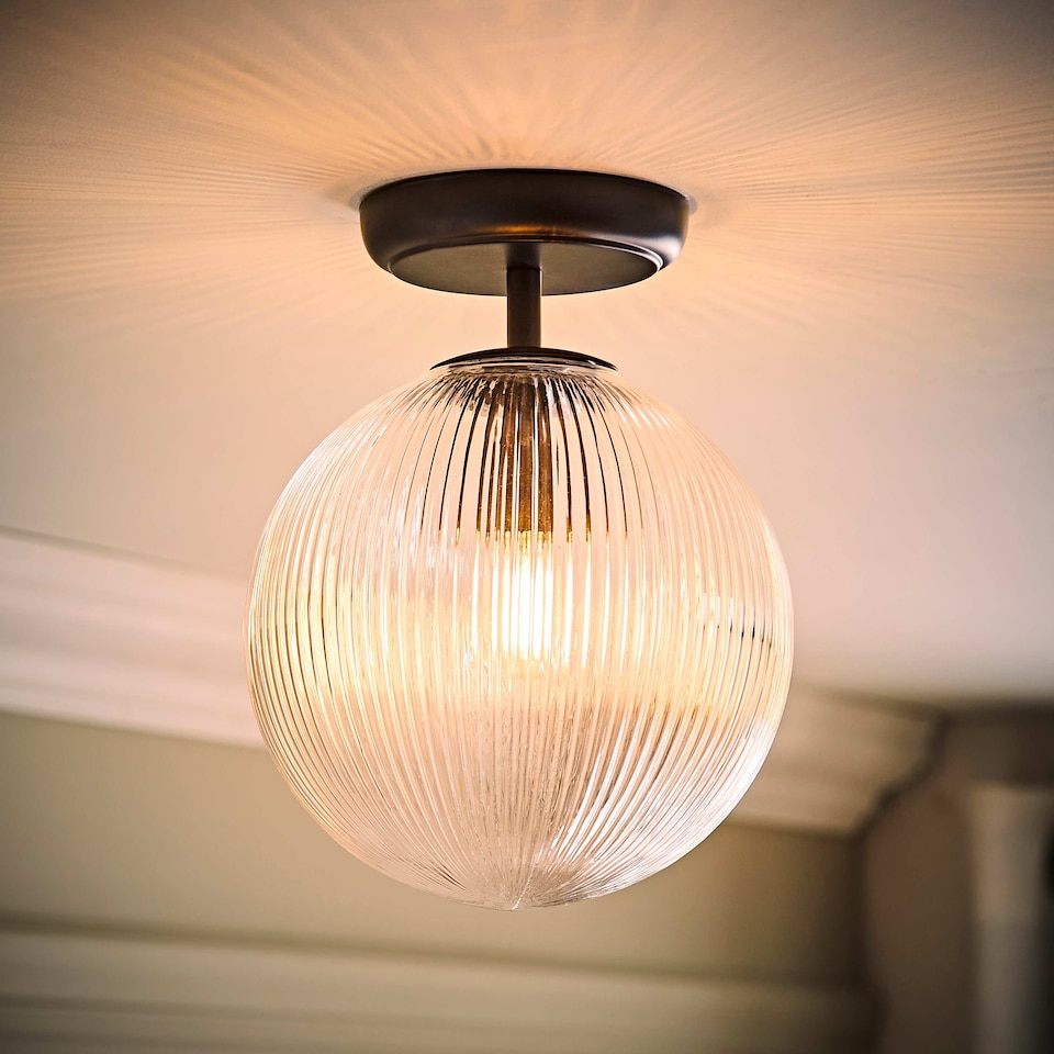 image 1 of ValueLights Kempton Black Flush Ceiling Light Ribbed Globe Shade | Black