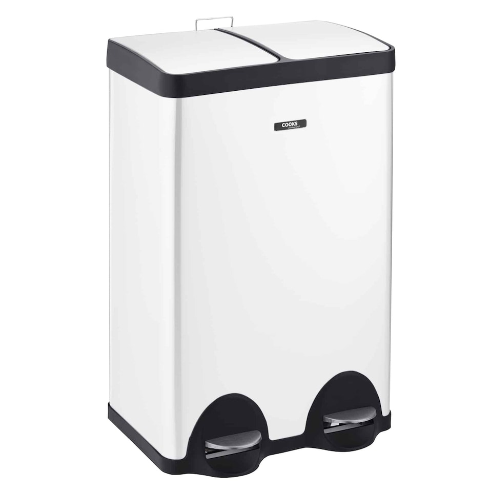 image 1 of Cooks Professional Dual Pedal Recycle Bin 60L with 2 x Compartments & Soft Close Lids | White