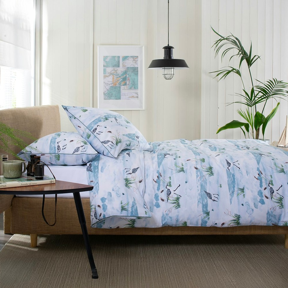 image 1 of Waders 100% Cotton Duvet Cover Set with Printed Pattern and Piped Trim Blue | White | Double