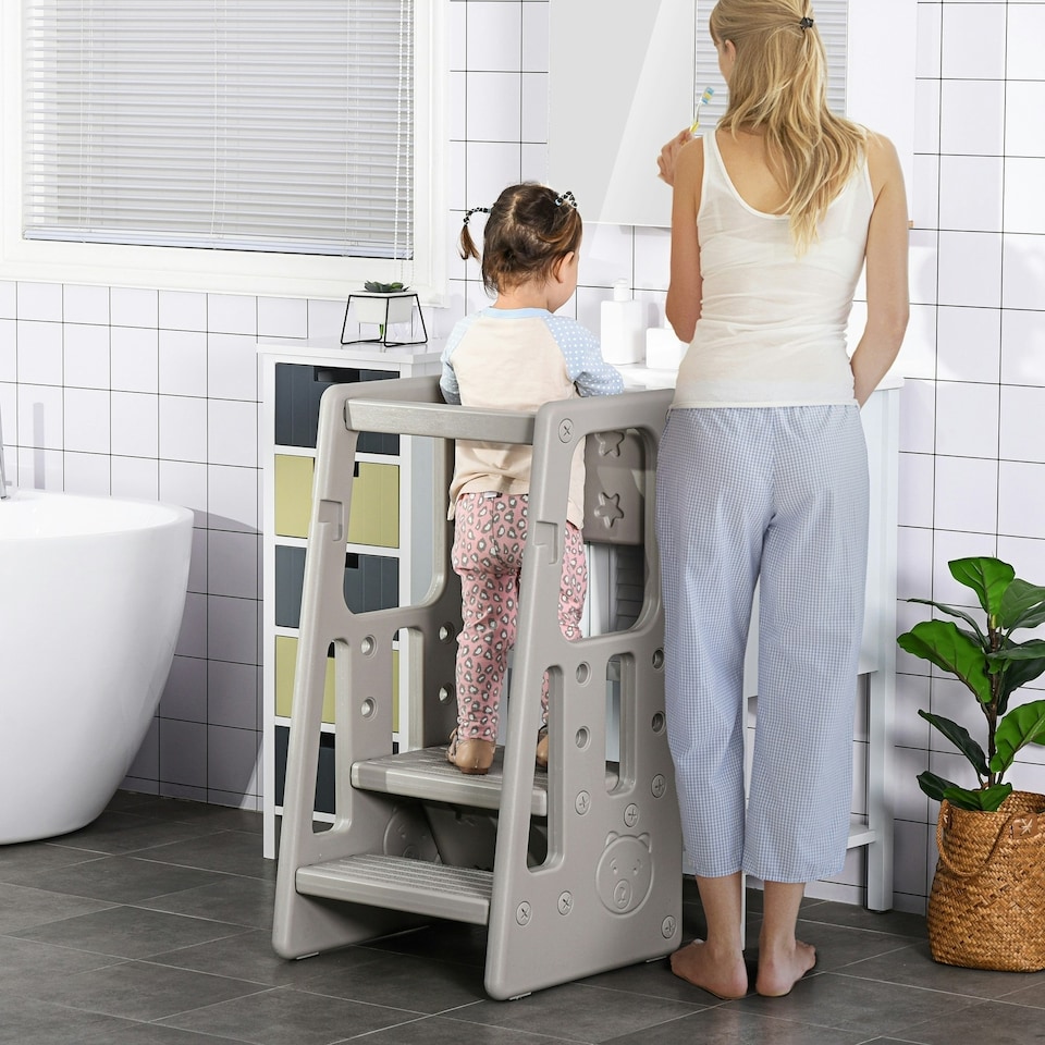 image 1 of HOMCOM Kids Step Stool, Adjustable Standing Platform, Toddler Kitchen Stool Grey
