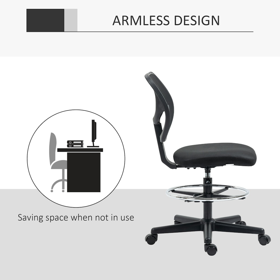 image 1 of Vinsetto Draughtsman Chair Office Chair w/ Adjustable Footrest Ring, Black