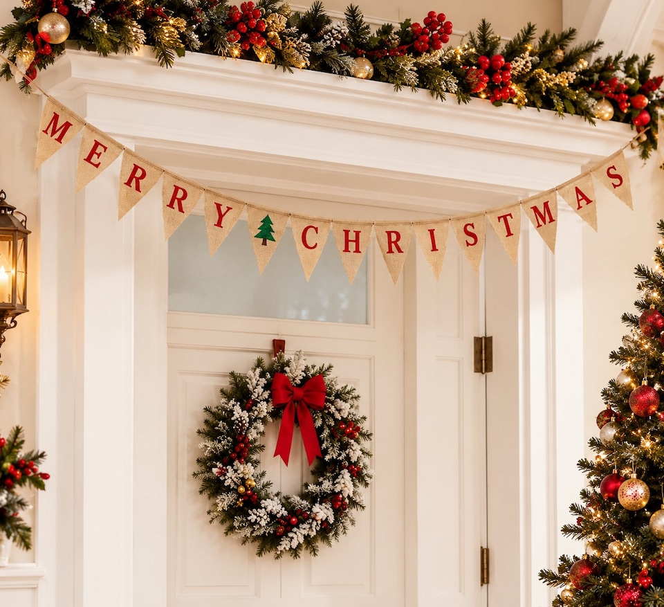 image 1 of Merry Christmas With Tree Pennant Hessian Christmas Party Bunting