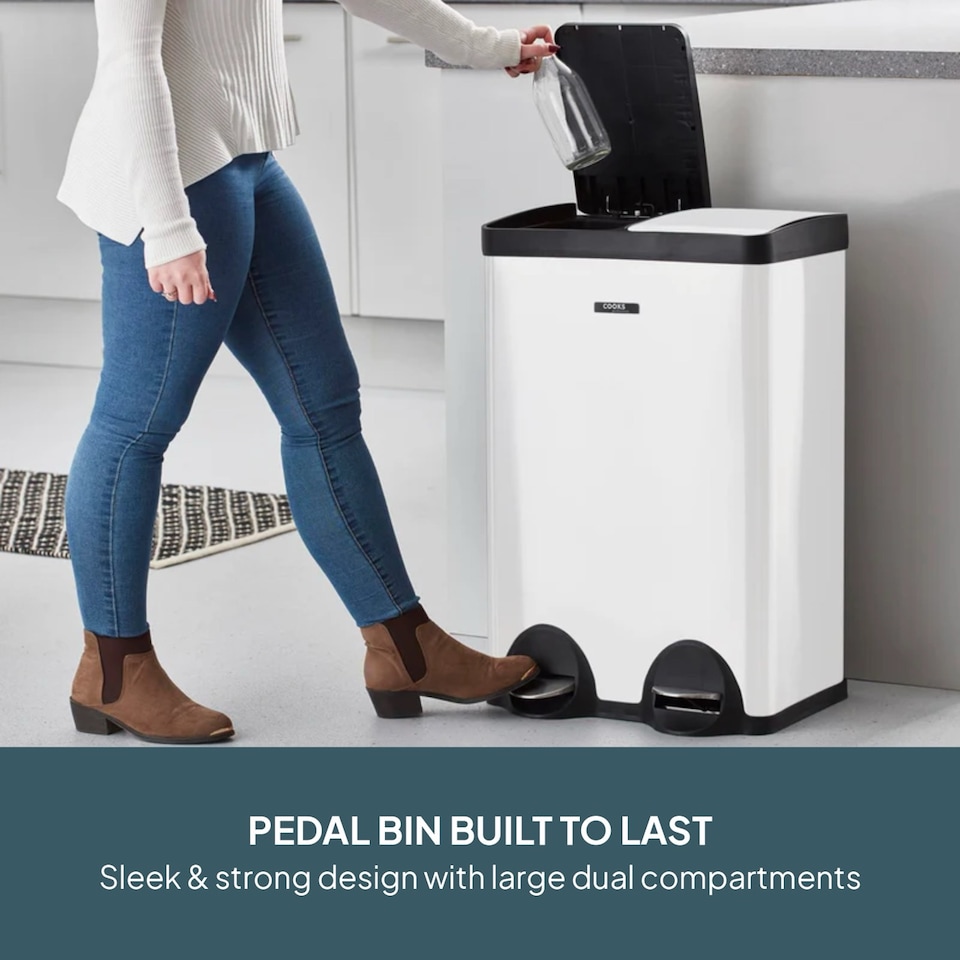 image 1 of Cooks Professional Dual Pedal Recycle Bin 60L with 2 x Compartments & Soft Close Lids | White