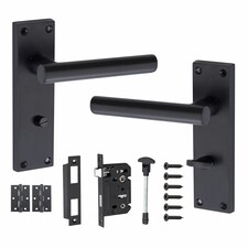Golden Grace T-Bar Bathroom Door Handles Set on Lever Backplate in Matt Black Finish Complete with Latch, Lock and 1 Pair of 3" Ball Bearing Hinges Black