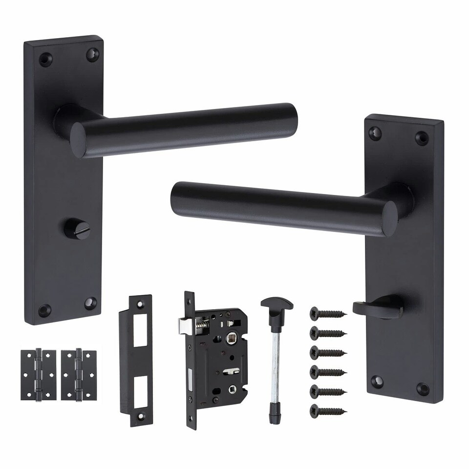 image 1 of Golden Grace T-Bar Bathroom Door Handles Set on Lever Backplate in Matt Black Finish Complete with Latch, Lock and 1 Pair of 3" Ball Bearing Hinges Black