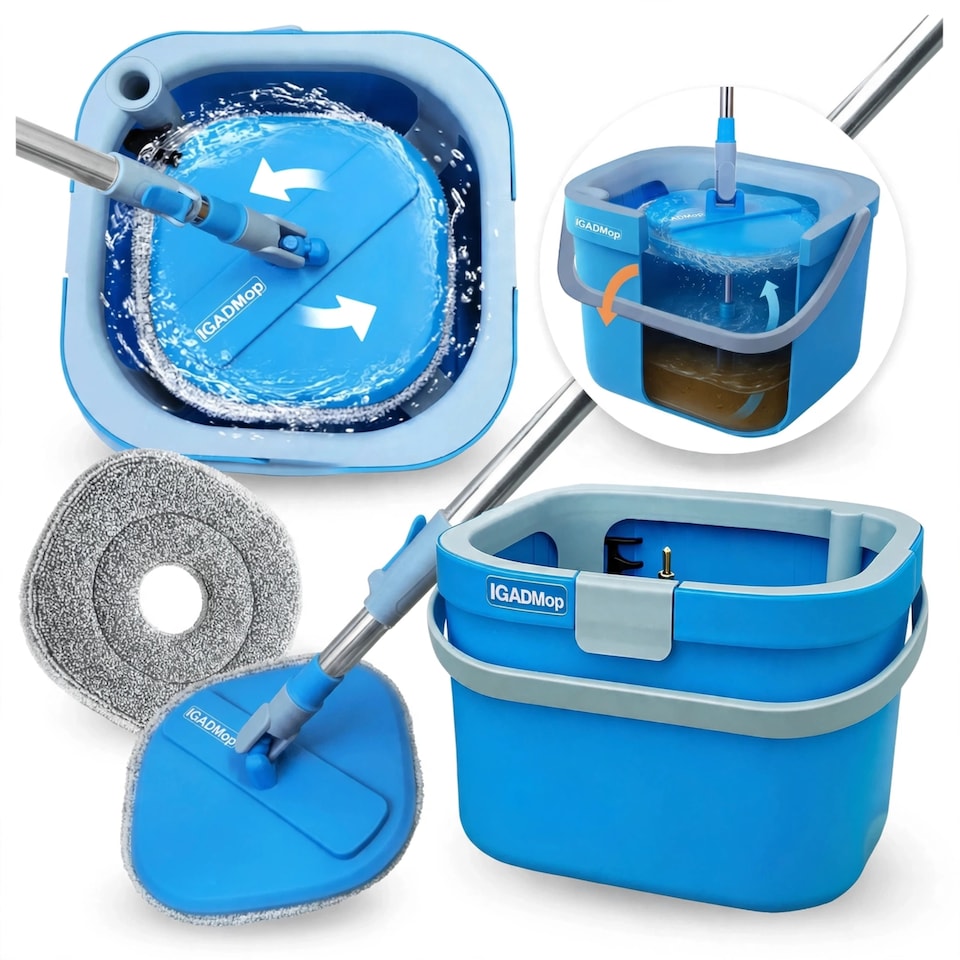 image 1 of IGADMop Professional Set with Bucket, 2 Chamber System for Separating Dirty and Clean Water, 130 cm Telescopic Handle, Microfibre Mop Pad