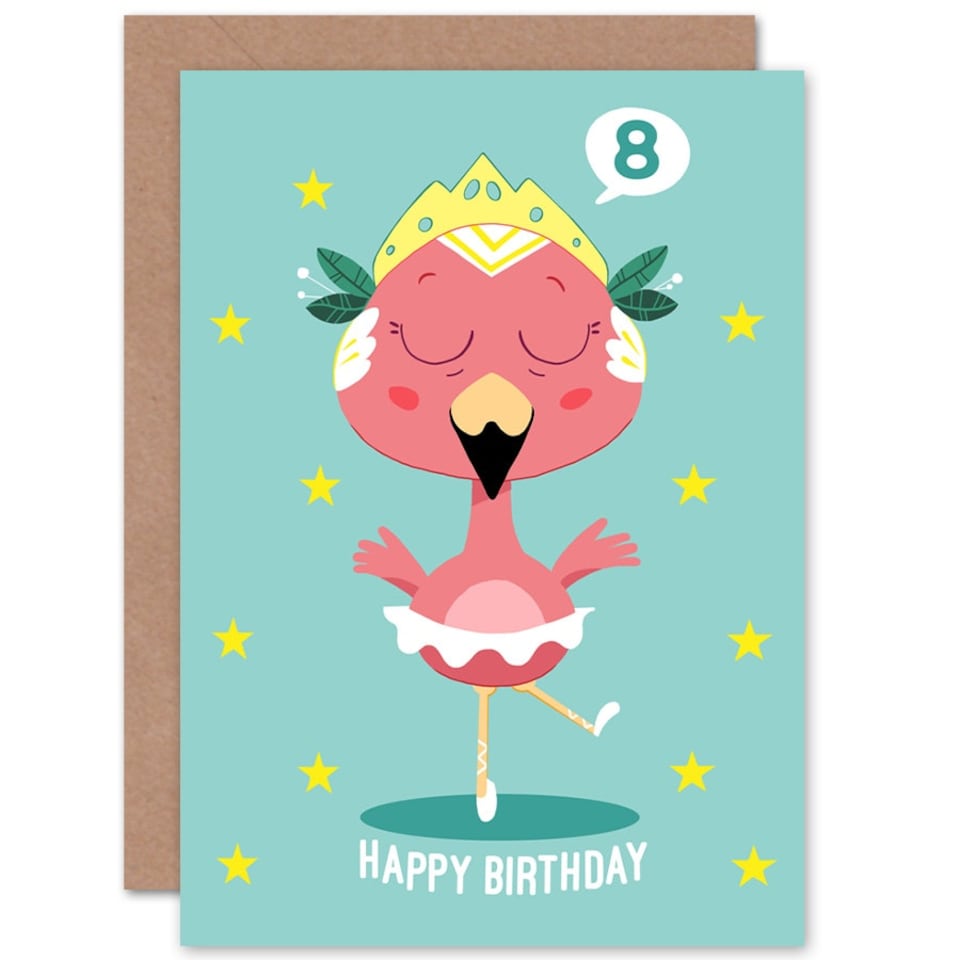 image 1 of Kawaii Ballet Flamingo Age 8 Year Old Child Kids 8th Birthday Card