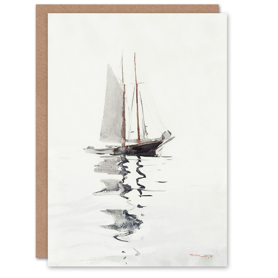 image 1 of Winslow Homer Art Card Two Masted Schooner with Dory Watercolour