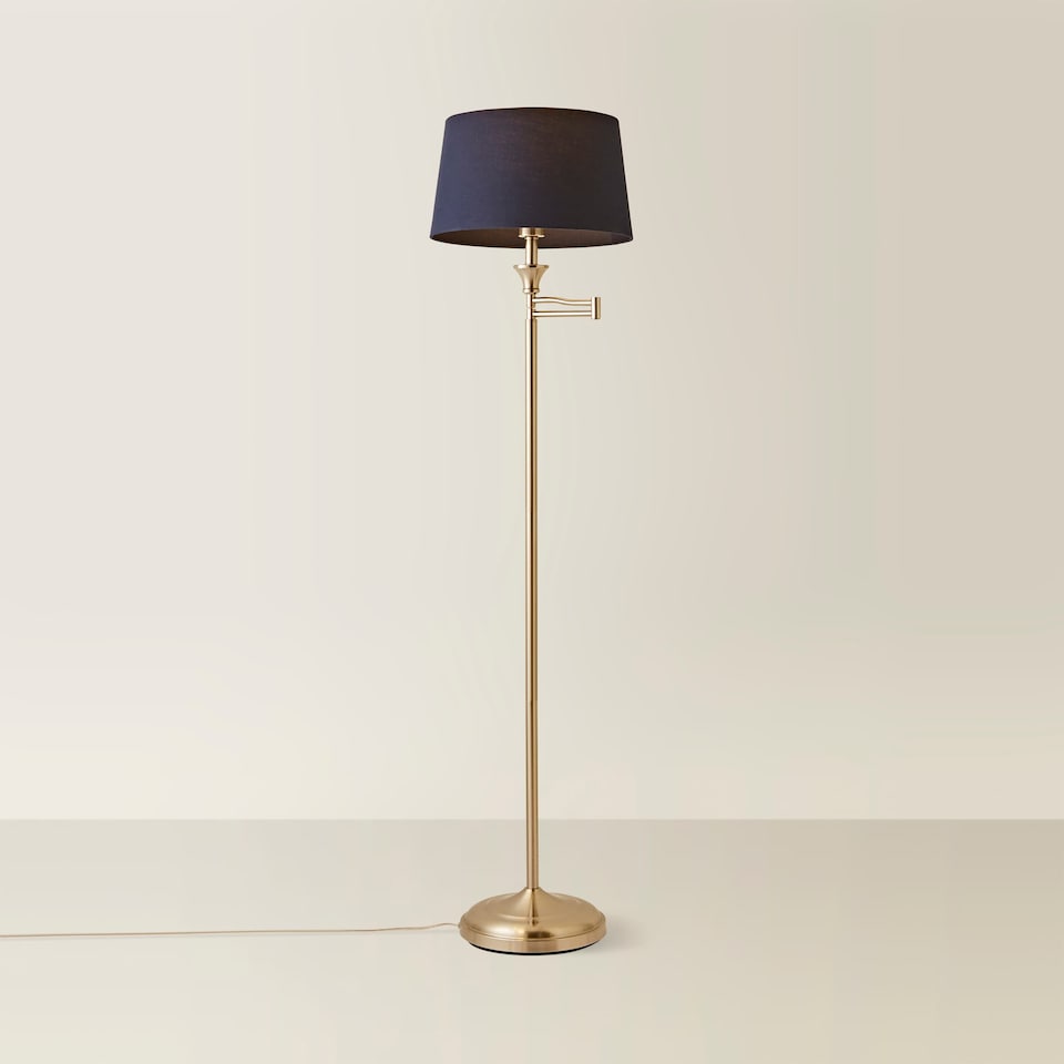 image 1 of ValueLights Sinatra Brushed Chrome Floor Lamp Blue Taper Shade and Bulb