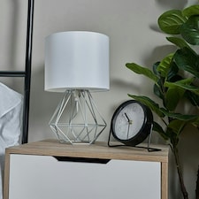 ValueLights Angus 2 x Chrome Metal Basket Cage Bed Side Table Lamps with White Fabric Shades and LED Golfball Bulbs In Warm White Chrome