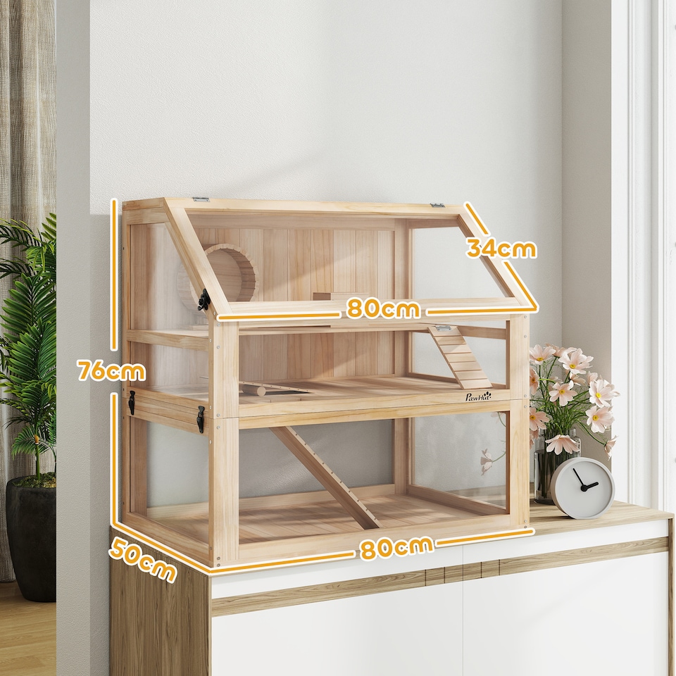 image 1 of PawHut Wooden Hamster Cage w/ Detachable Bottom, Hut, Seesaw, Natural