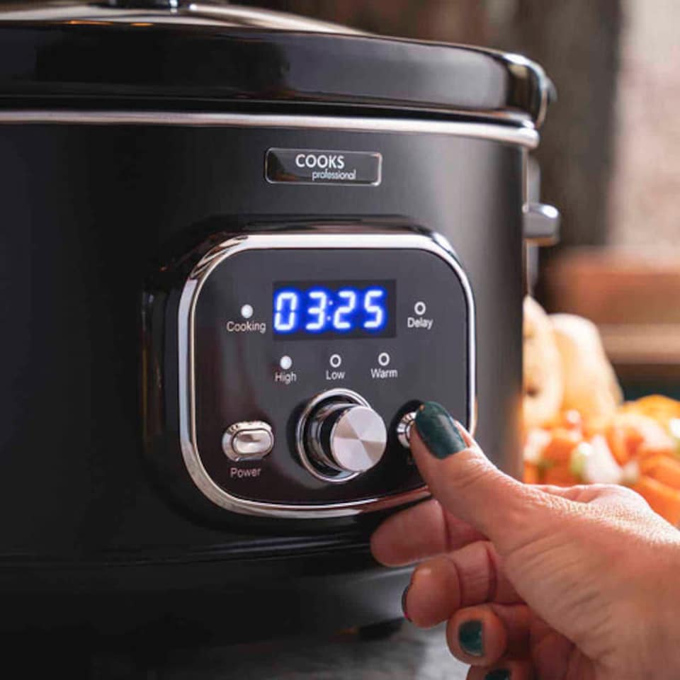 image 1 of Cooks Professional Digital Slow Cooker 6.5L with Dishwasher Safe Bowl, 2 Heat Settings, Keep Warm & Delay Functions | Black | Black