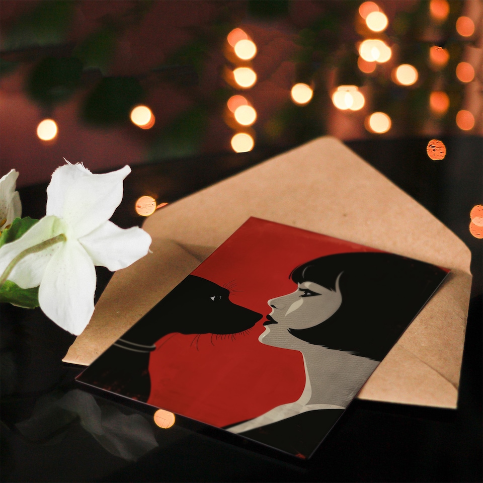 image 1 of Greeting Card Black Dog Lover Lady and Pet Bold Red Retro Style