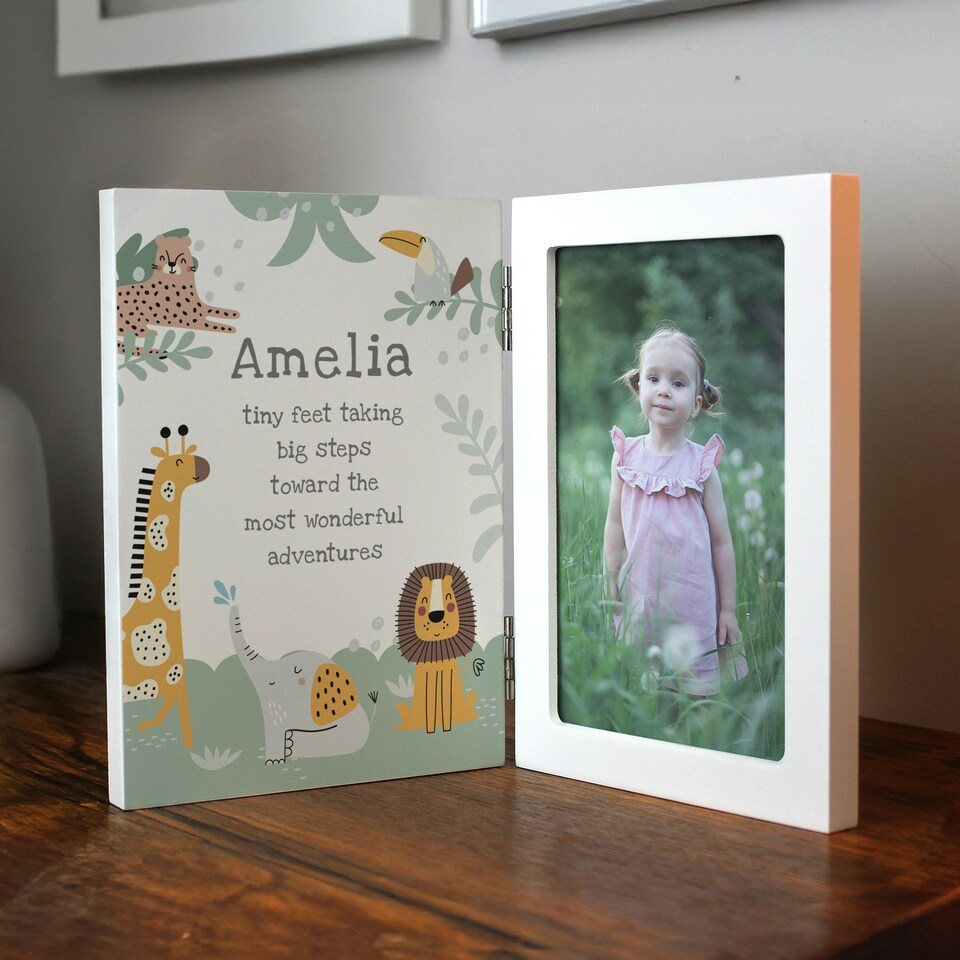 image 1 of Personalised Animals Wooden Hinged 6x4 Photo Frame White | One Size