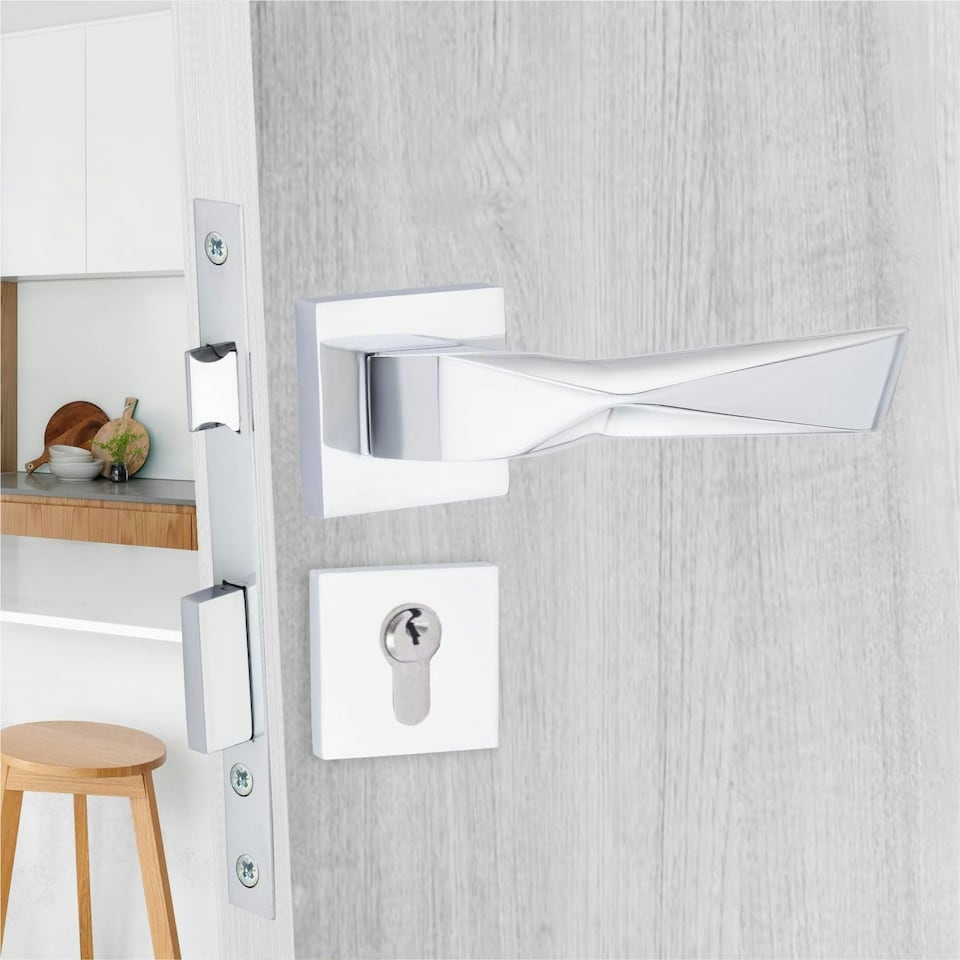 image 1 of Golden Grace Modern Aura Euro Lock Door Handles in Polished Chrome Finish with 70mm Key, Key Barrell and Ball Bearing Hinges Chrome